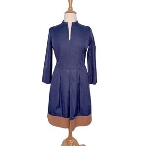 AKRIS NAVY BLUE TAN ZIP V NECK MIDI DRESS SZ 12